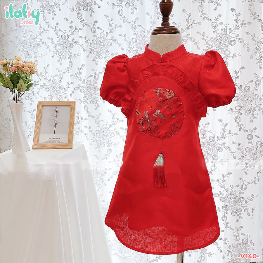 Váy cho bé gái ILABY tafta nhũ họa tiết bèo tròn đỏ cho bé dự tiệc [V140]