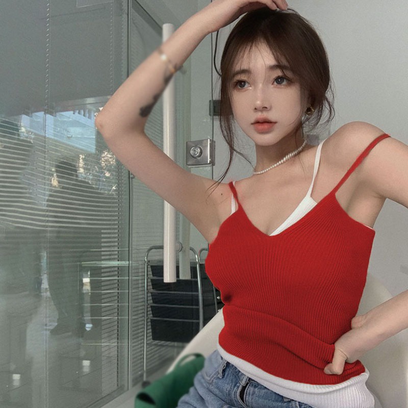 Áo Croptop Dệt Kim Sát Nách Cổ Chữ V Màu Sắc Đơn Giản Phong Cách Hàn Quốc