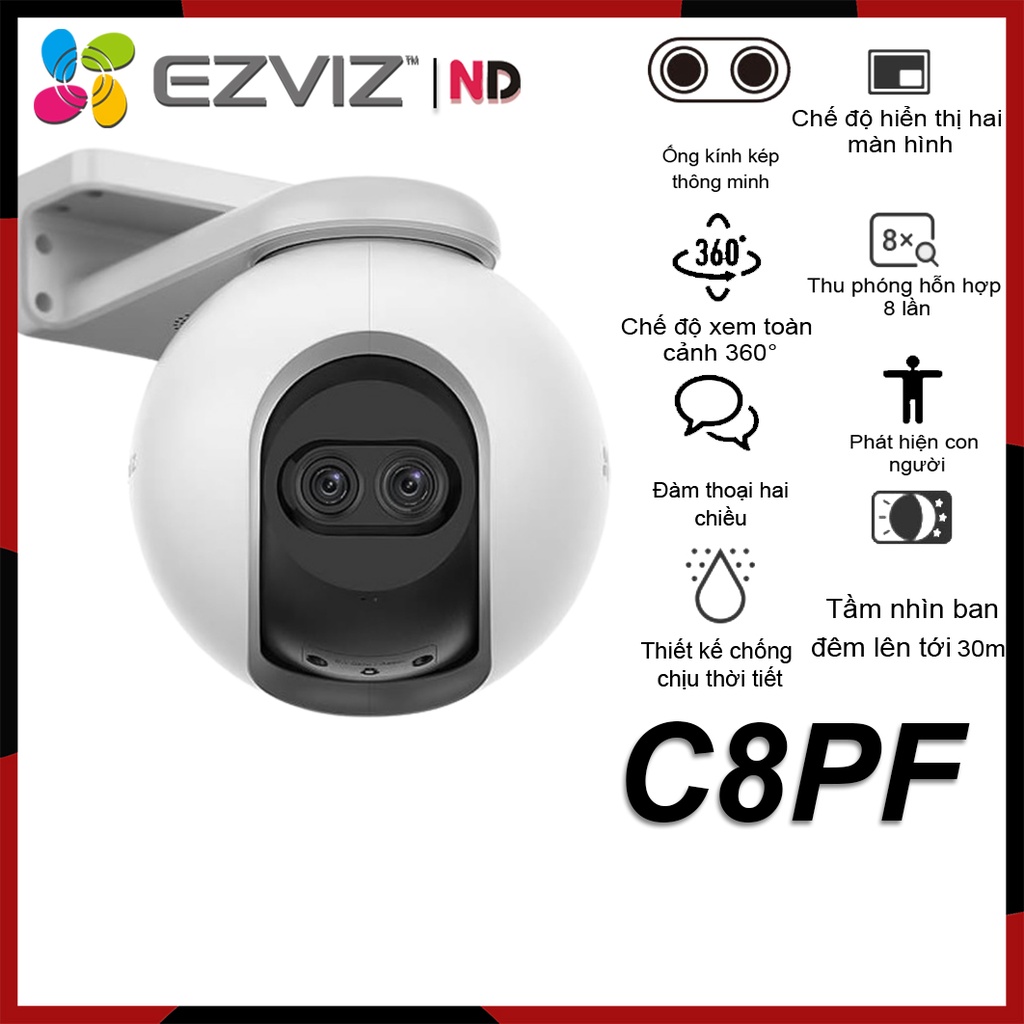 Camera Ngoài Trời Wifi 2MP EZVIZ C8PF 1080P Xoay 360, Ống kính kép,  Đàm thoại - Hàng chính hãng bảo hành 24 tháng