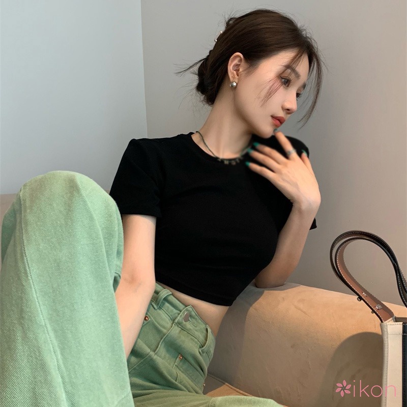 Áo Thun Croptop Hở Lưng Cổ Tròn Phong Cách Hàn Quốc Quyến Rũ Dành Cho Nữ