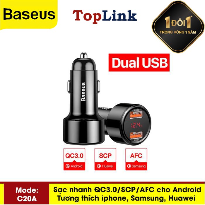 Tẩu Sạc Ô Tô Xe Hơi Baseus Sạc Nhanh 45W Công Nghệ QC 3.0 Cổng Type C và USB A - TopLink