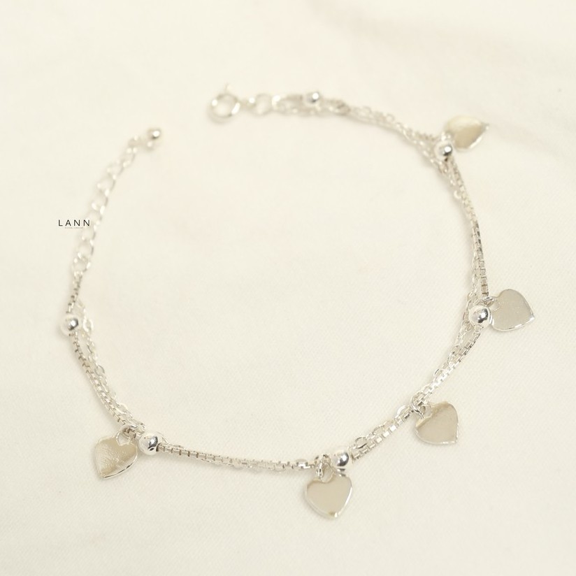 Lắc chân 2 dây xích treo charm tim dẹt BẠC S925 LANN A050