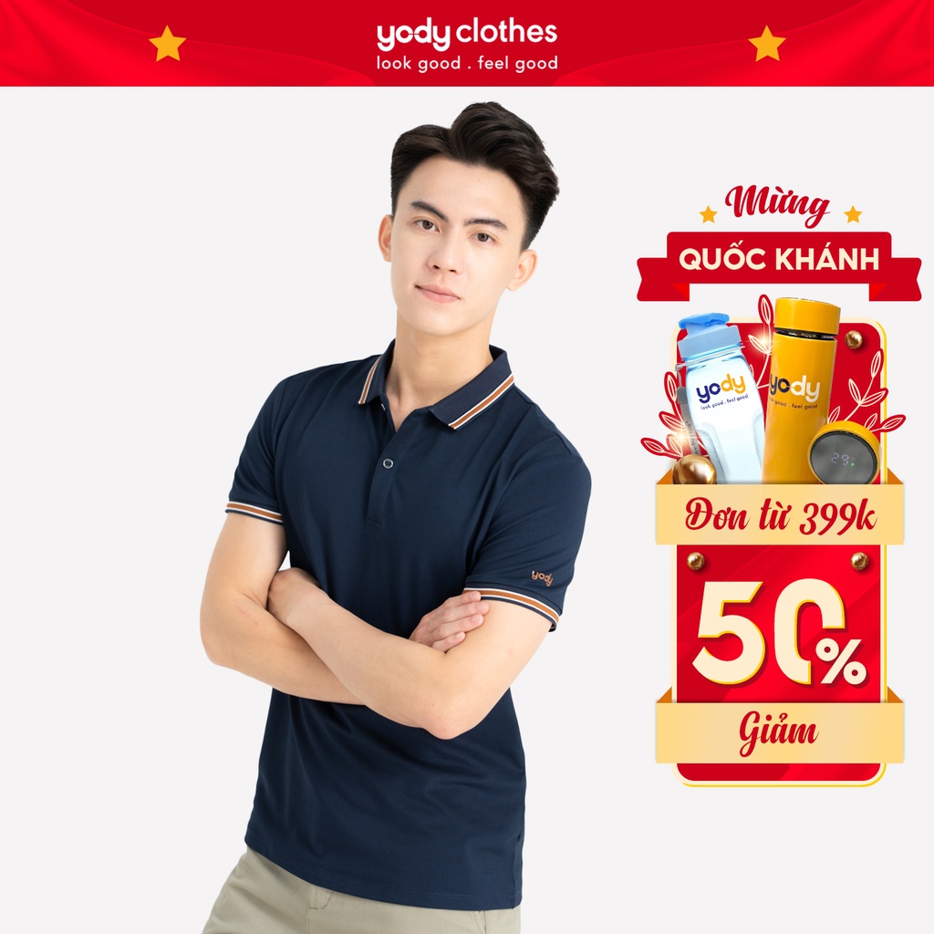 Áo polo vải mắt chim phối bo YODY dệt nổi kiểu trẻ trung, công sở APM5039