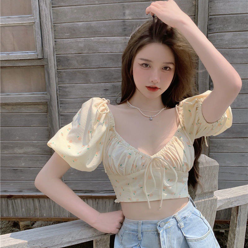 Áo hoa COZOKC tay phồng cổ vuông thời trang cho nữ