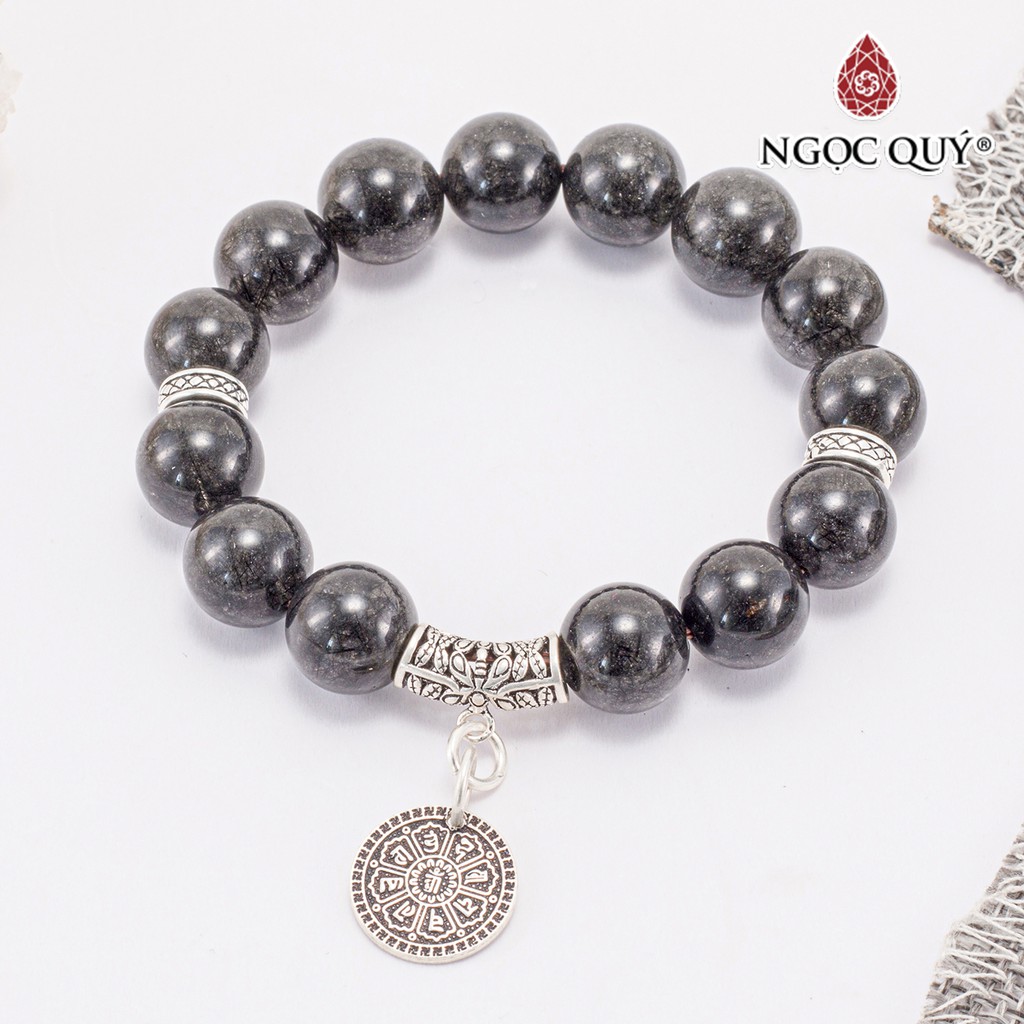 Vòng tay TA tóc đen phối charm lục tự treo hạt 12mm - Ngọc Quý