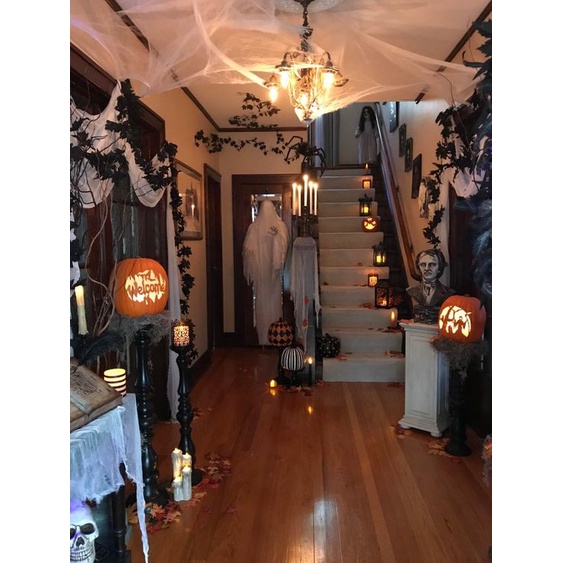 Tơ nhện bông trang trí trang trí Halloween nhà cửa sân vườn có nhện nhựa nhỏ đi kèm