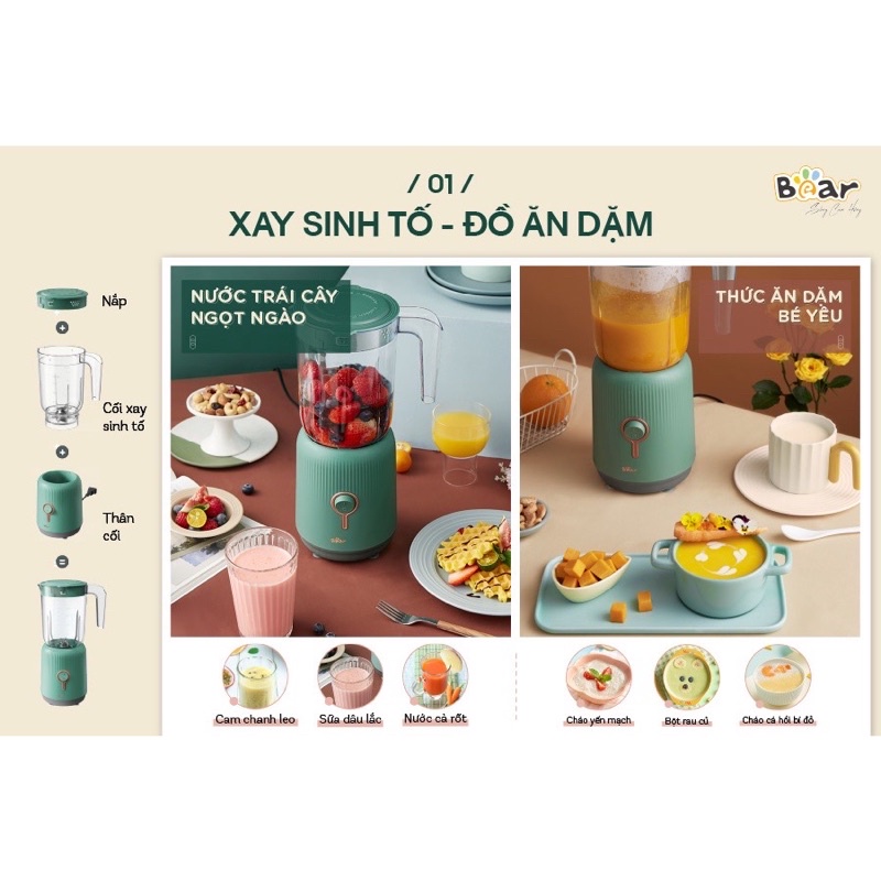 Máy xay sinh tố, xay thịt đa năng Bear 3 trong 1 LLJ-C10P1 chính hãng