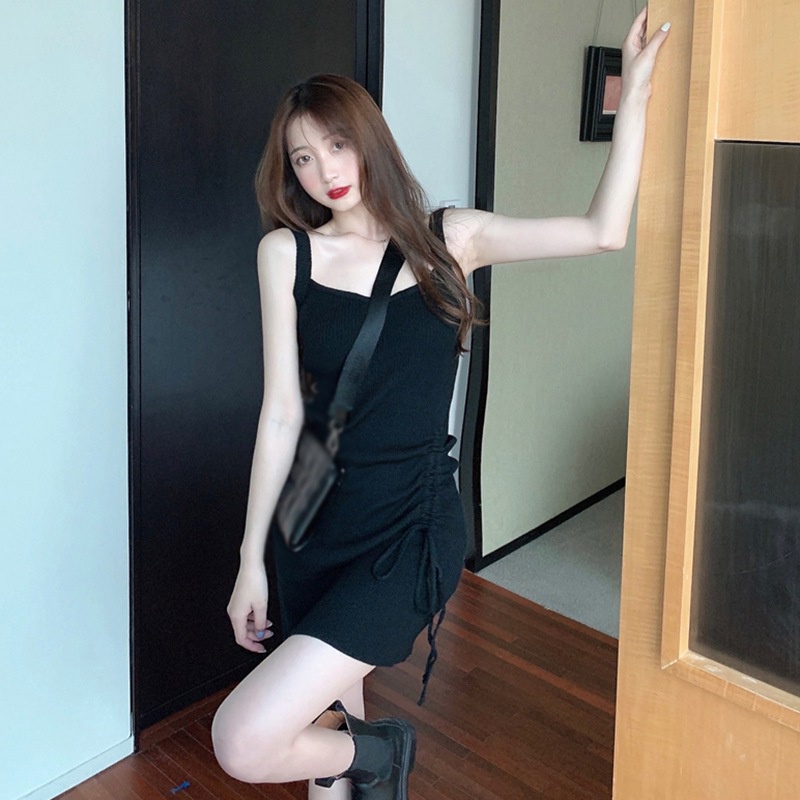 Đầm Cổ Vuông Dáng Ôm Màu Sắc Trơn Phối Dây Rút Thời Trang Mùa Hè Hàn Quốc Xinh Xắn