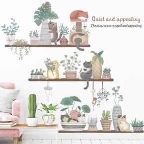 Decal dán tường những chú mèo nghộ nghĩnh bên chậu hoa