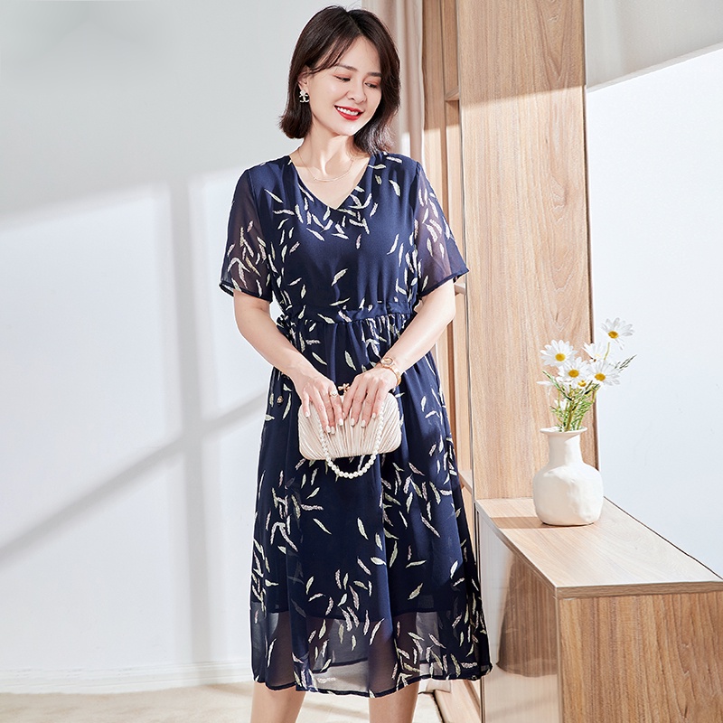 Đầm chiffon In Họa Tiết Thời Trang Mùa Hè Mới Cho Phụ Nữ Trung Niên 40 Tuổi 50