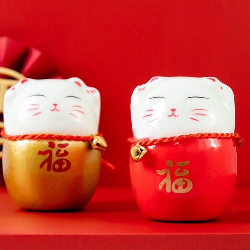 Mèo thần tài có chuông - phụ kiện treo bình hoa decor