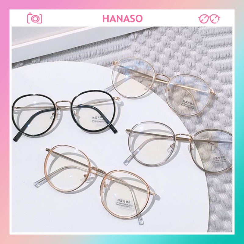 Kính cận thời trang nam nữ gọng tròn, mắt kính không độ chống tia UV HANASO 073