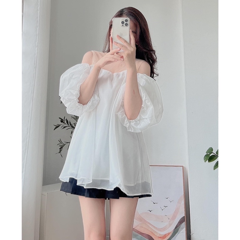 Áo voan tay bồng 2 lớp tiểu thư đính ngọc (hàng sẵn)
