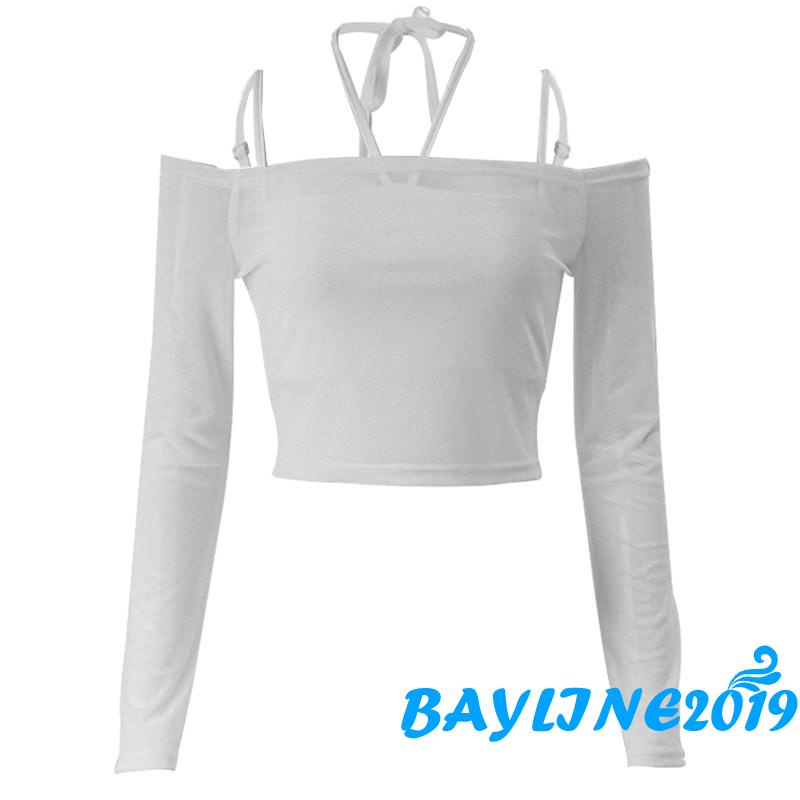 Bay- Áo Vest + Áo Crop Top Không Tay Cổ Treo + Áo Dài Tay Trễ Vai Màu Trơn Giản Dị Dành Cho Nữ