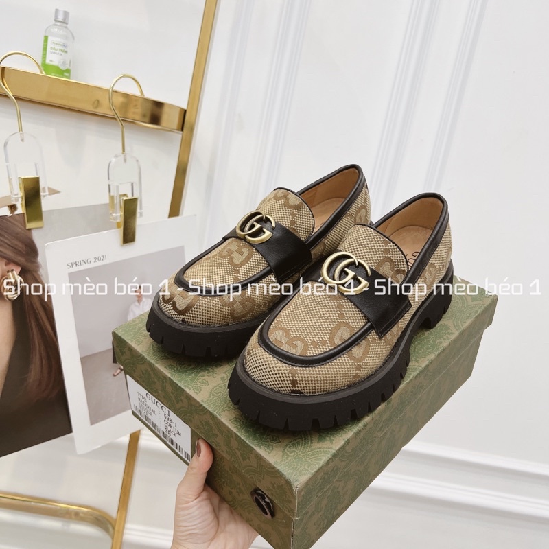 Giày moca gc mũi tròn đai logo ngang đế cao fullbox