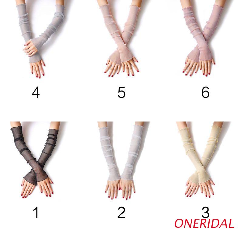 Găng tay dài phối ren lưới màu trơn siêu mỏng chống tia UV bảo vệ cho nữ