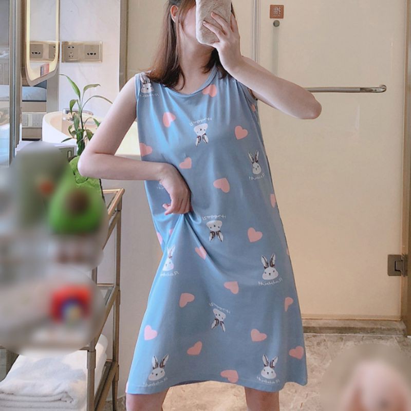 Đầm ngủ sát nách in họa tiết hoạt hình đáng yêu dành cho nữ