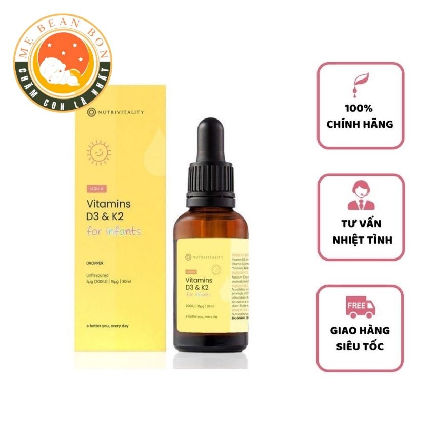 Vitamin d3 k2 mk7 Nutrivitality 30ml Anh Quốc cho bé từ sơ sinh giúp hấp thụ canxi phát triển chiều cao - mẹ bean bon