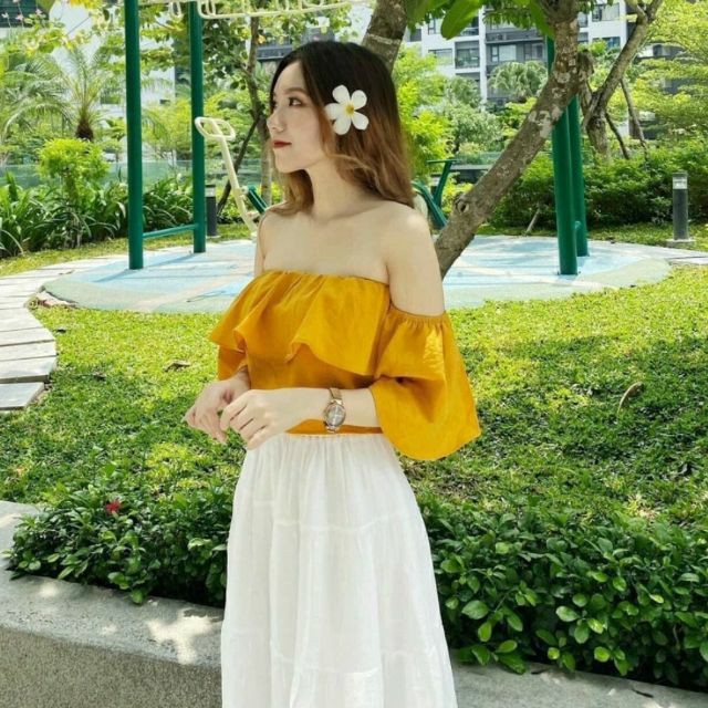 Áo Voan Trễ Vai Bánh Bèo Bẹt Vai Croptop Tay Ngắn Nữ Kiểu Hở Vai Màu Trắng/Đen/Tím Vàng DRACR06 Mys Unicorn Fashion