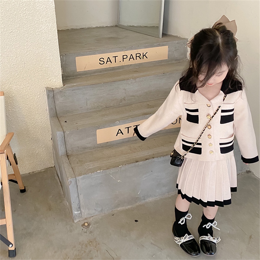 BEAR LEADER Set Áo Len Cardigan Phối Chân Váy 2 Món Thời Trang Mùa Thu Mới Cho Bé Gái 2-7 Tuổi