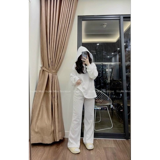 Set len có mũ vân dài tay có kèm mũ quần ống xuông siêu xinh trang phục thường ngày kèm ảnh thật và videos