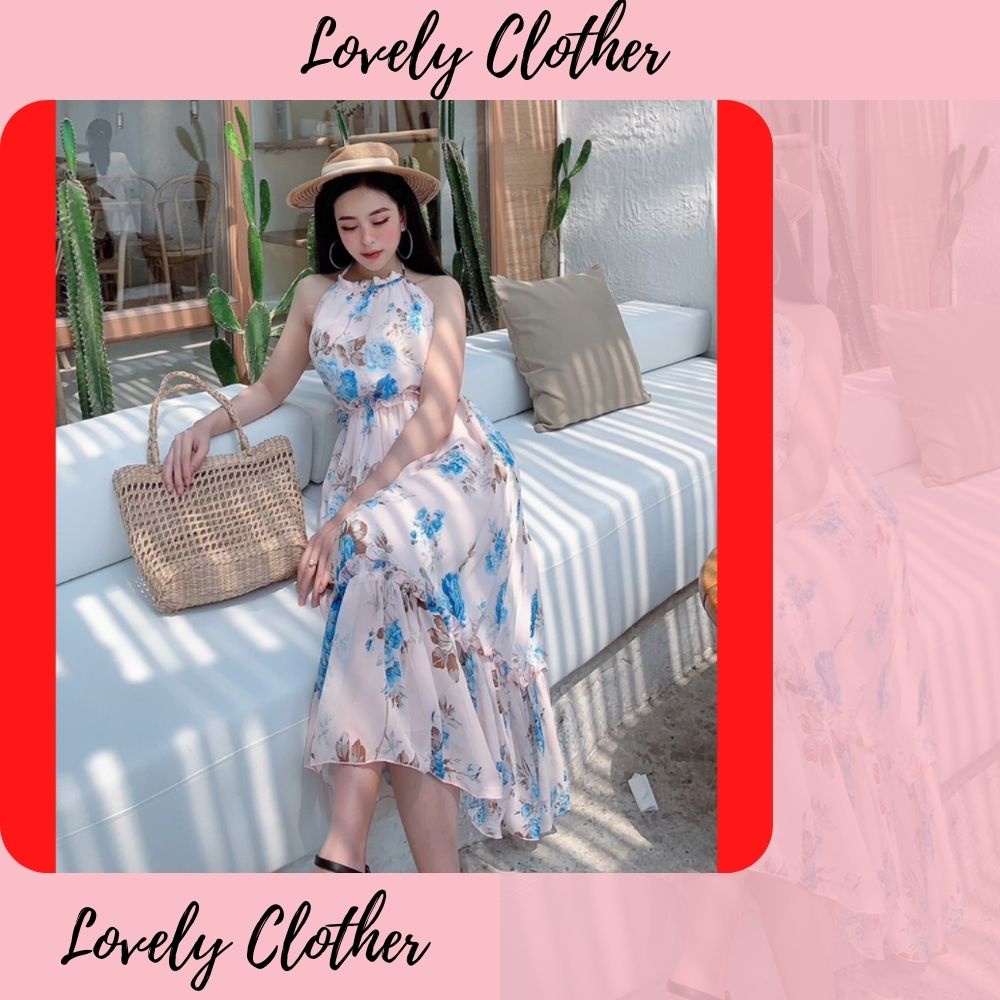 Đầm maxi nữ, đầm nữ hoa xanh chất voan cao cấp dày 2 lớp cột dây lưng sexy SKUD-47