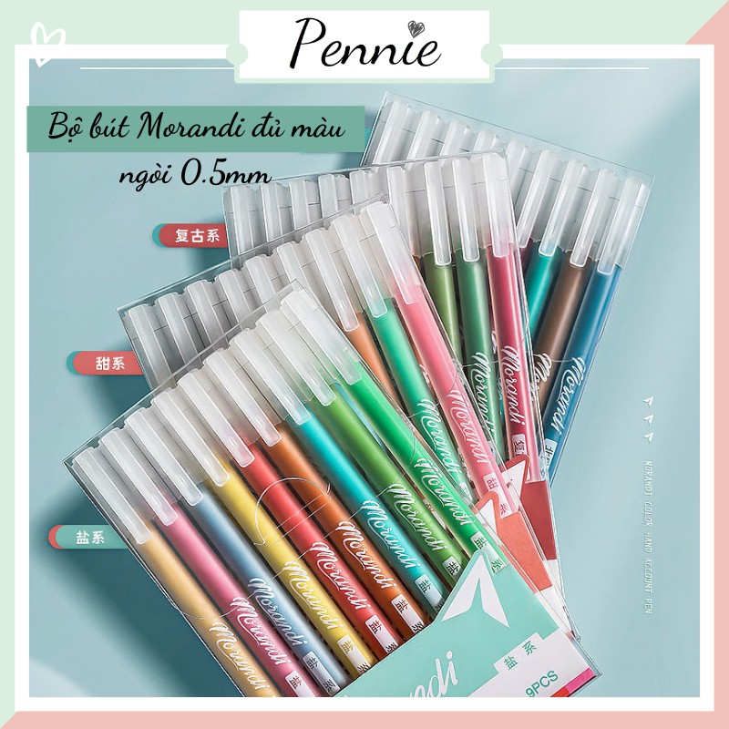 Bộ 09 bút gel Morandi Pennie gồm nhiều màu mực xinh xắn dùng cho ghi chép