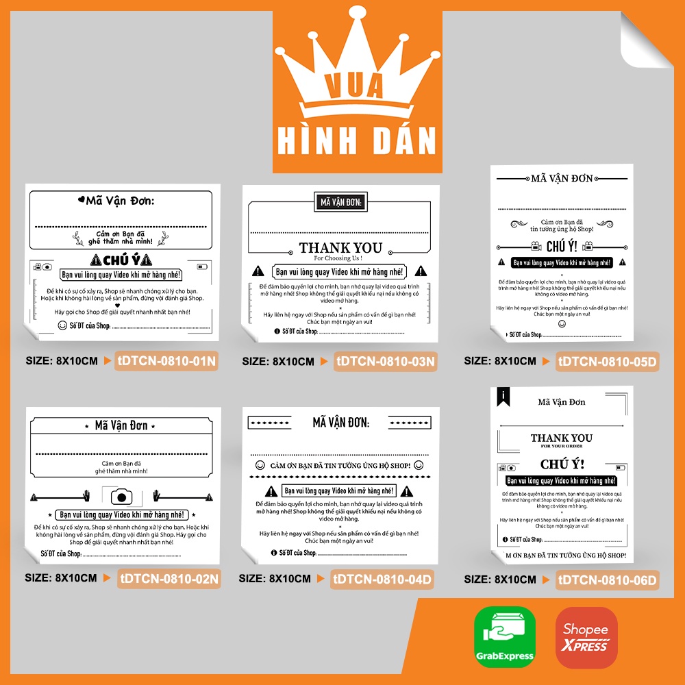 Set 50/100 tem mã đơn hàng, mã vận đơn, nhắc quay video (8x10 cm) - tem sticker dành cho shop (1.015)