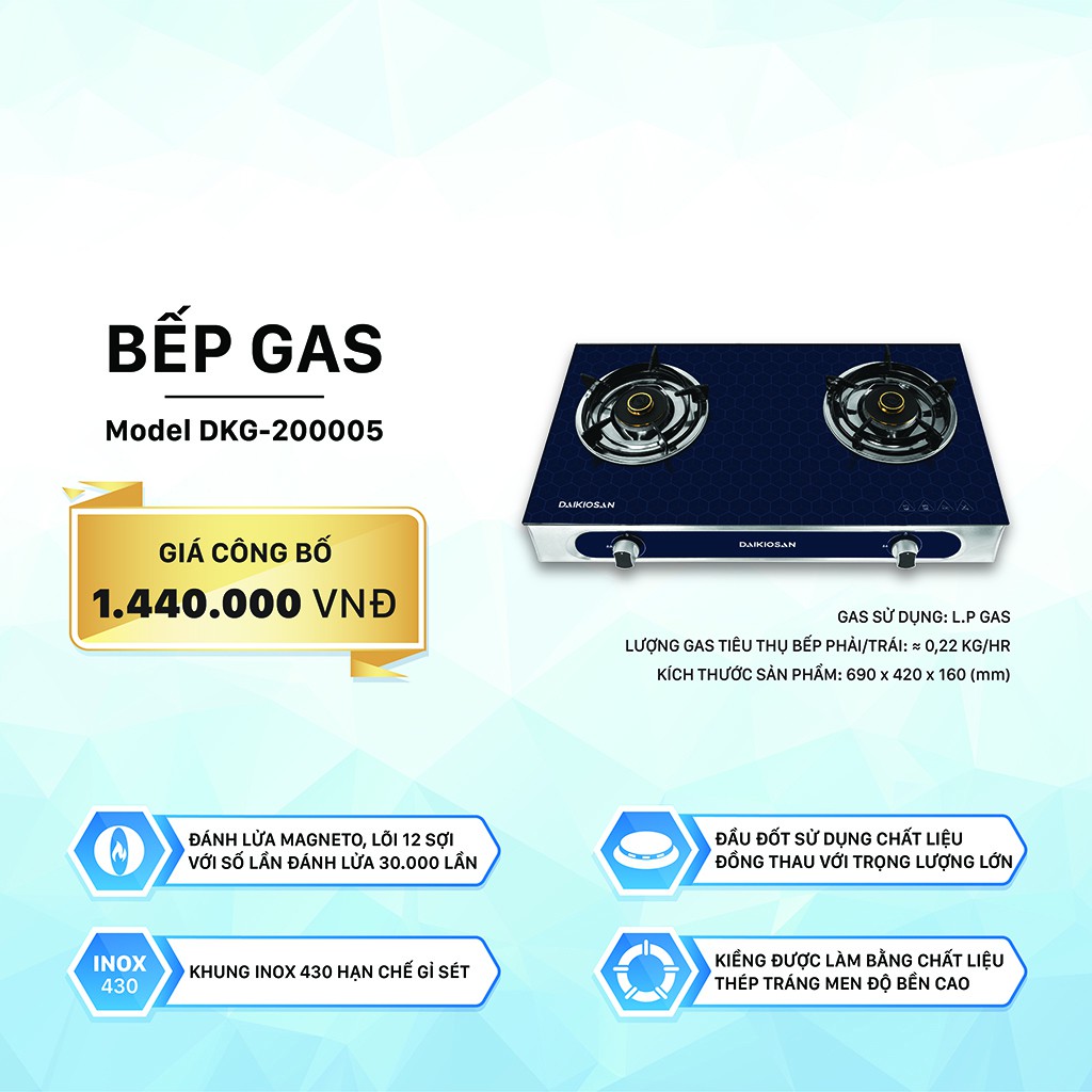 Bếp gas đôi Daikiosan DKG-200005 - Hệ thống đánh lửa Magneto cao cấp, mặt kính sang trọng, bền bỉ