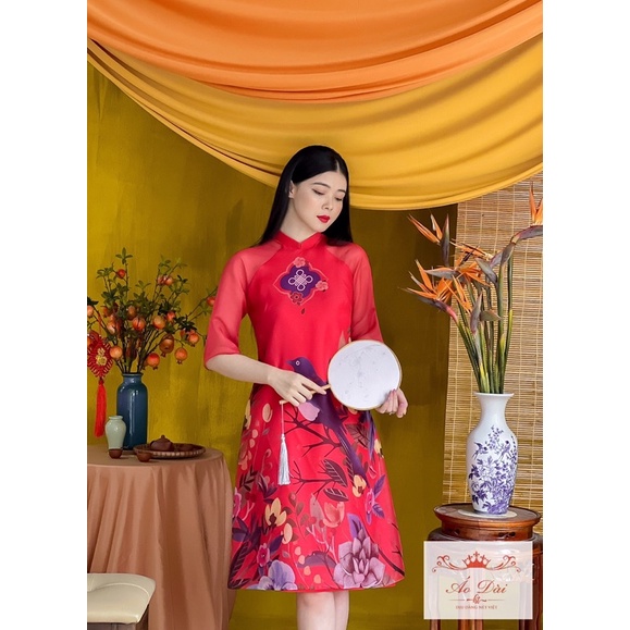 Áo dài cách tân tết Như Ý đỏ tơ 4 tà trơn 4 tà có 2 dáng áo ài và váy cực xinh diện Tết, mẫu mới tết 2022