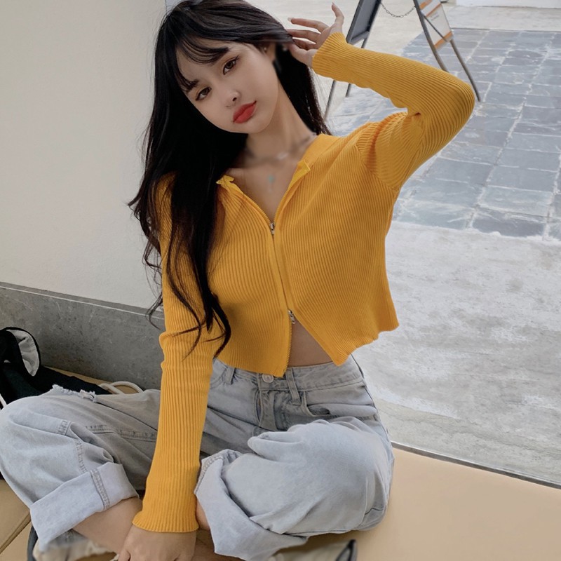 Áo Khoác Cardigan Dệt Kim Tay Dài Màu Trơn Phối Khóa Kéo Cá Tính Cho Nữ
