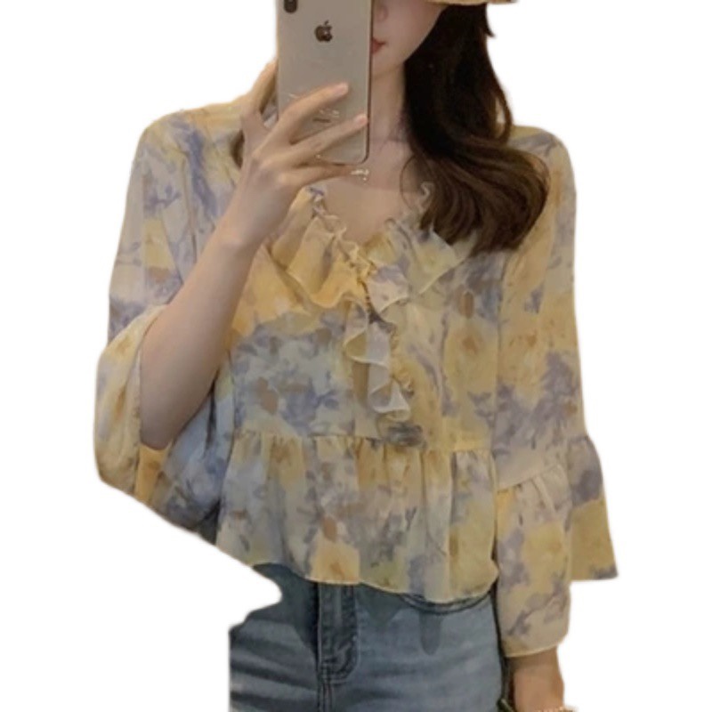 SUXI Áo Tay Lửng Dáng Rộng In Họa Tiết Hoa Phong Cách Vintage Thời Trang Mùa Hè Dành Cho Nữ