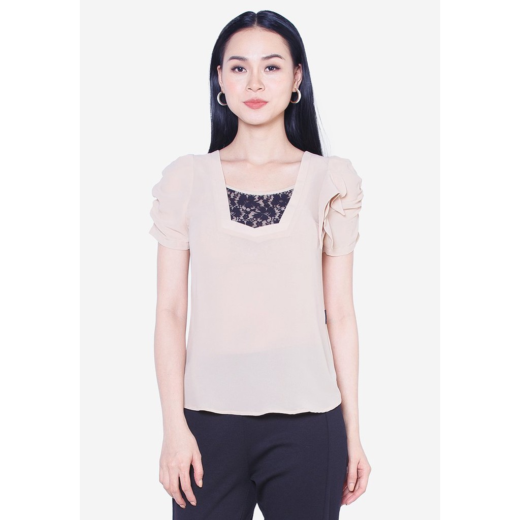 Áo sơ mi chiffon be tay cánh bướm pha ren đen The One Fashion ADD0113BE