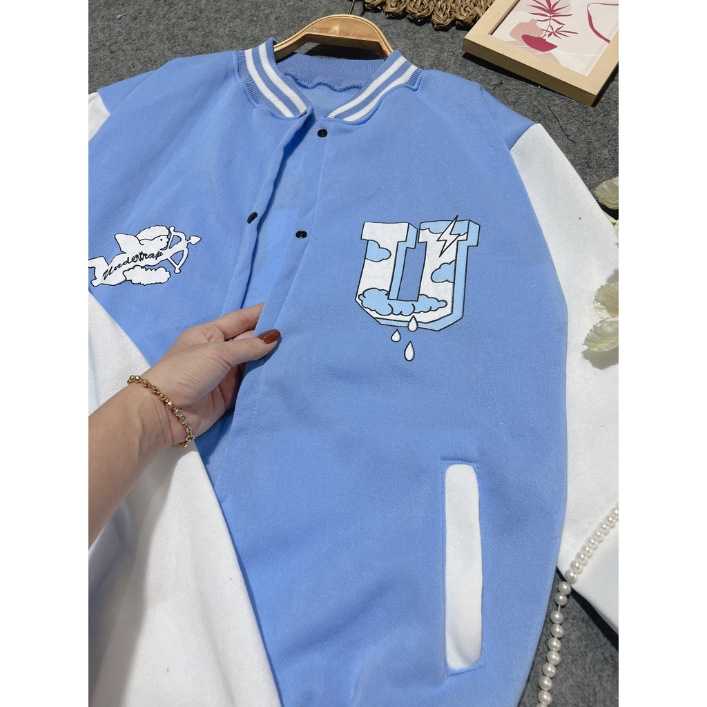 [ SẴN HÀNG +GIÁ RẺ ] Áo khoác bomber Nam Nữ màu xanh chữ U Chất nỉ COTTON dày dặn,Hình in thì siêu hót