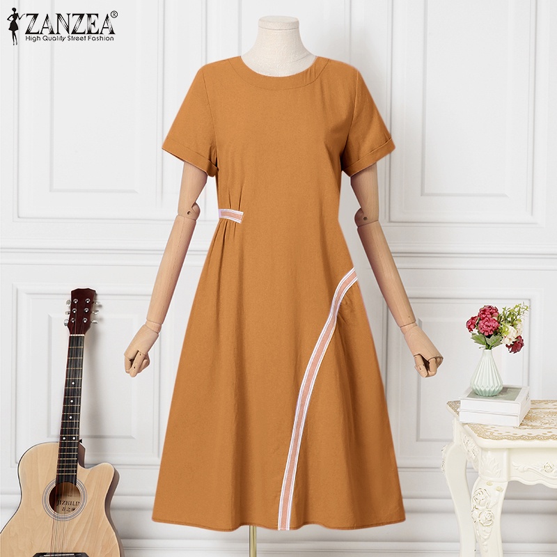 Đầm dài Zanzea tay ngắn cổ tròn thời trang sành điệu cho nữ