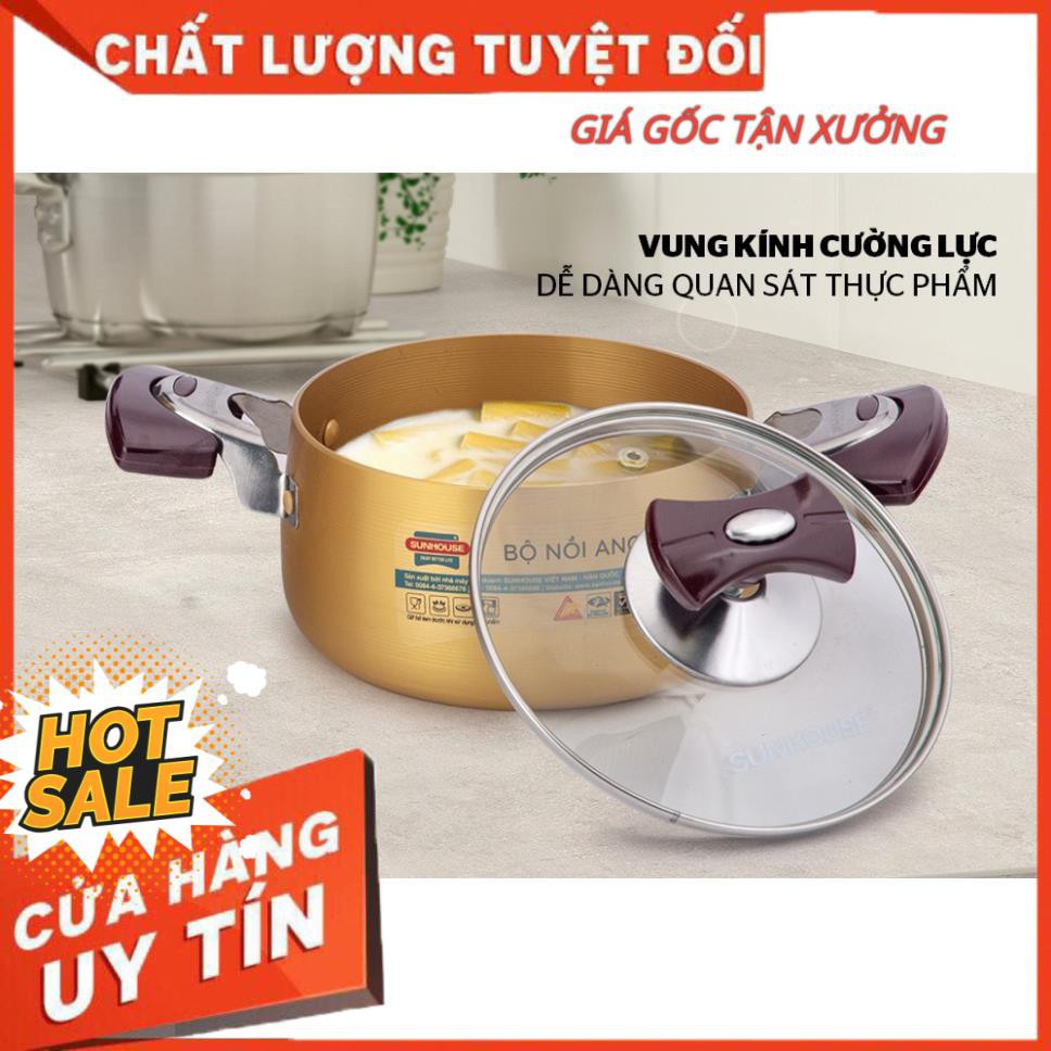 [ Size 16-20-24cm màu vàng] Bộ nồi Anod Sunhouse SH6634 chất liệu nhôm dùng bếp gas bếp hồng ngoại