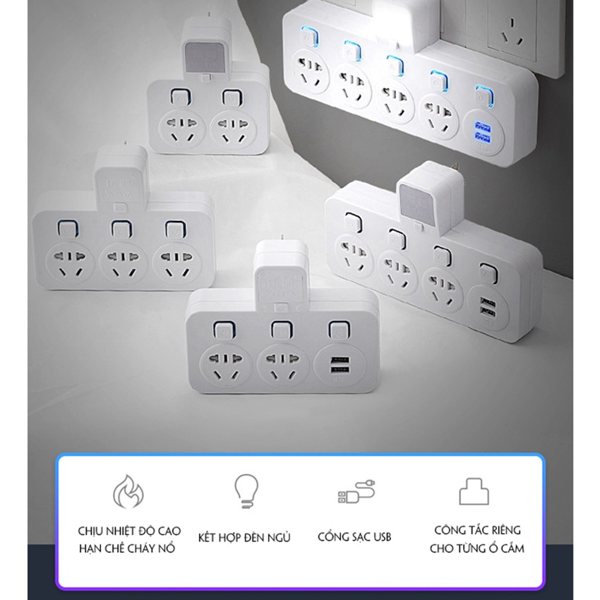 Ổ cắm điện đa năng có nút nguồn theo từng ổ có đen ngủ và cổng sạc USB 5V