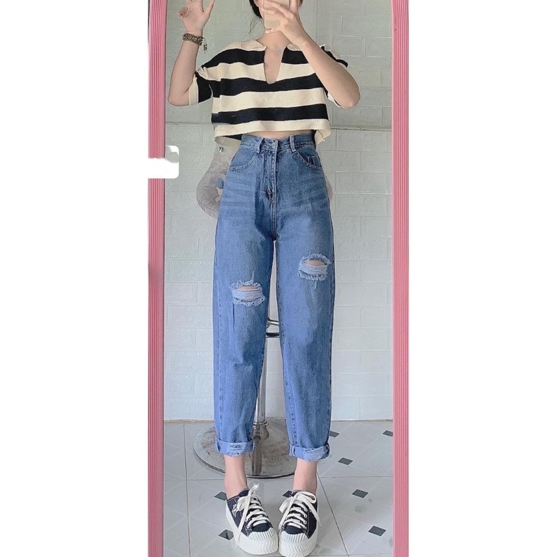 Set Baggy jeans lưng cao rách X + áo cổ bẻ sọc