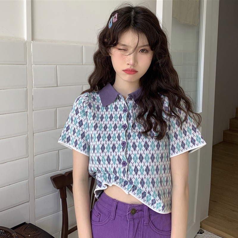 Áo Croptop Dệt Kim Tay Ngắn Họa Tiết Hình Thoi Thời Trang Hàn Quốc Cho Nữ