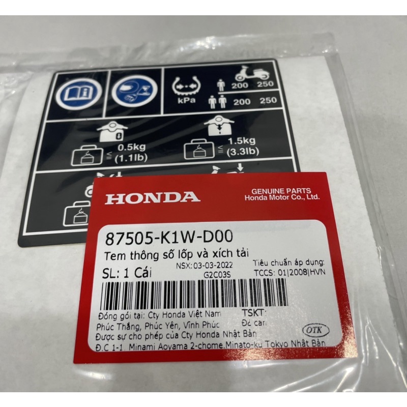 Tem thông số lốp và xích tải sh 350i honda