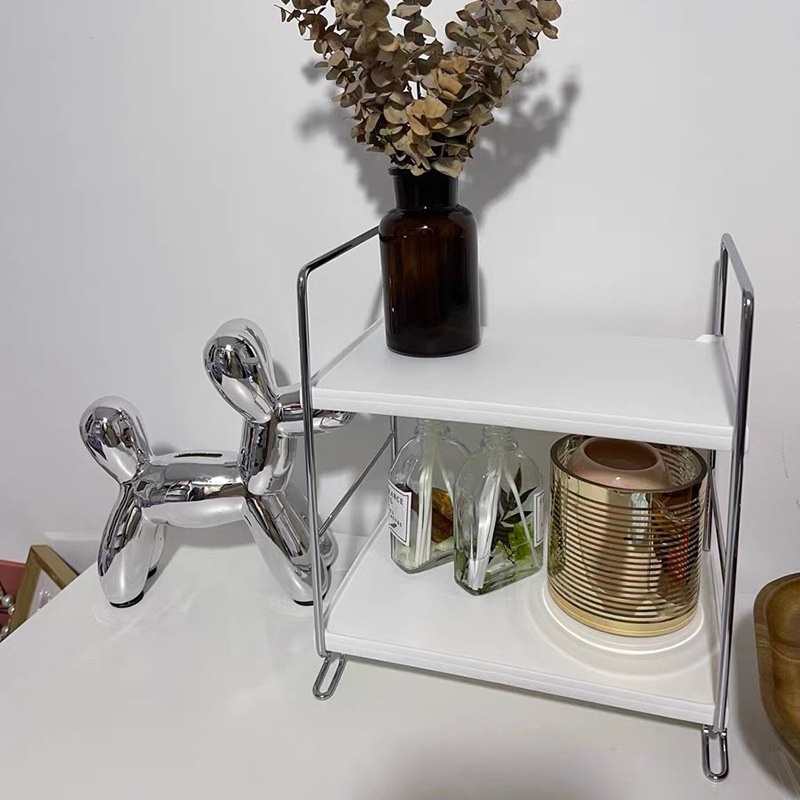 Kệ nhựa trắng 2 tầng viền inox để bàn đựng đồ đa năng, đựng mỹ phẩm trang điểm tiện dụng