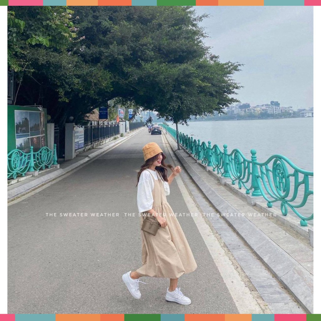 Bộ Yếm Kaki Màu Be Dài Kèm Áo Thun Cotton ️🎶 Sét Yếm Nữ Áo Thun Dáng Rộng | BigBuy360 - bigbuy360.vn