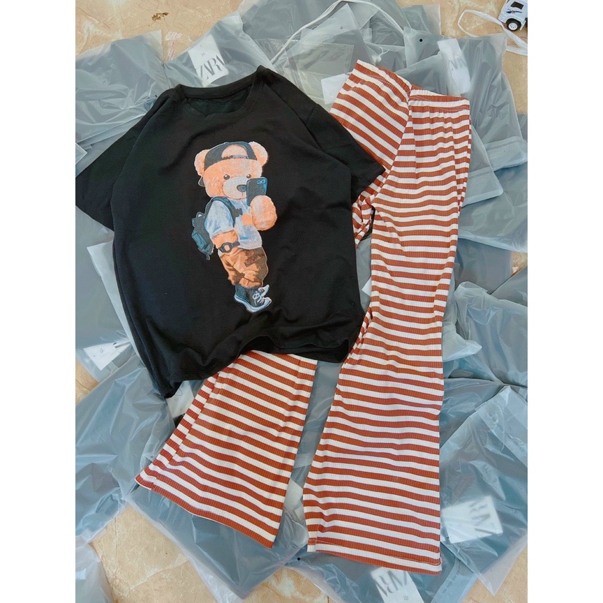 set bộ áo thun gấu form rộng mix quần kẻ sọc cam xinh k