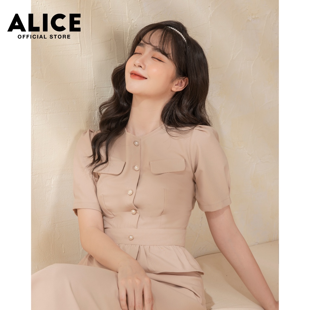Đầm Công Sở Dáng Xòe ALICE V705, Đầm Thiết Kế Eo Bánh Bèo Dáng Sơ Mi Cổ Tròn Tay Ngắn Độc Đáo | BigBuy360 - bigbuy360.vn