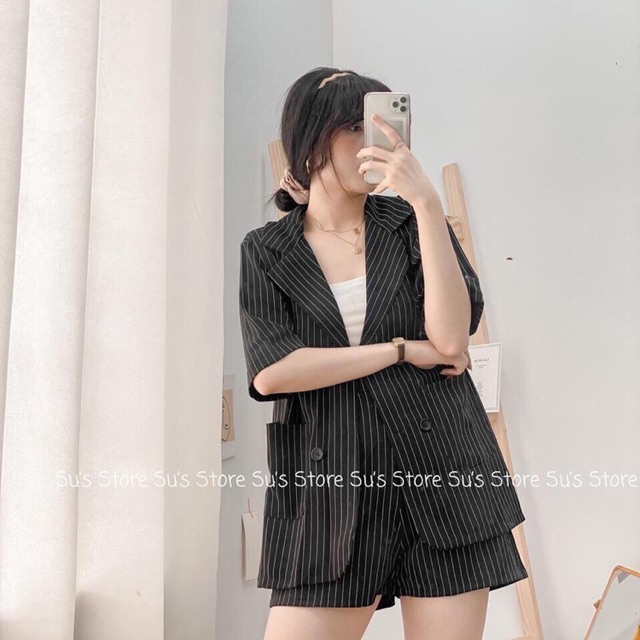 Set vest croptop đen kẻ viền trắng cực hot