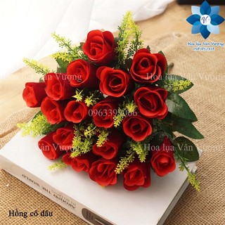 Hoa giả hoa lụa 🌺freeship🌺 bó hồng nhung cô dâu kèm điểm