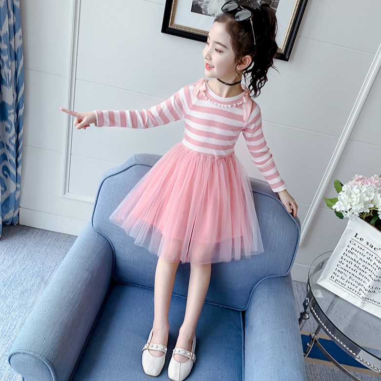 Đầm tay dài kẻ sọc phối lưới dành cho bé gái
