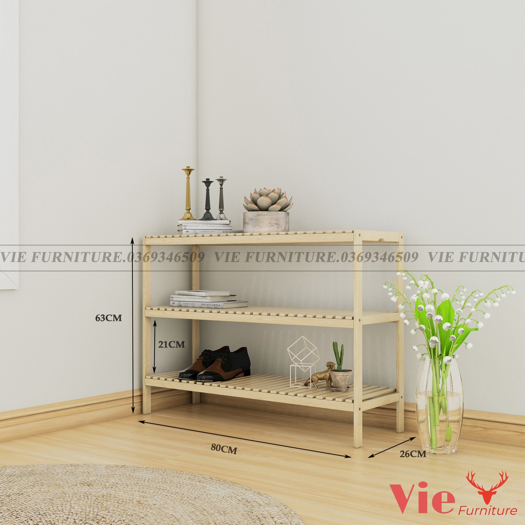 Kệ Để Giày 💗FREESHIP💗 Tủ Đầu Giường Gỗ Thông Tự Nhiên - Giá Để Đồ 3 Tầng Dài 80cm