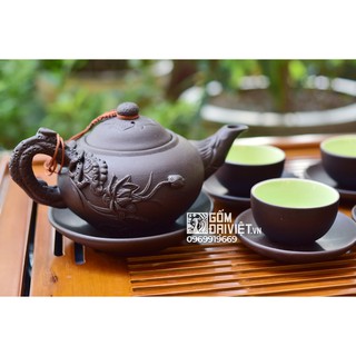 Bộ ấm trà tử sa Bát Tràng đắp nổi sen