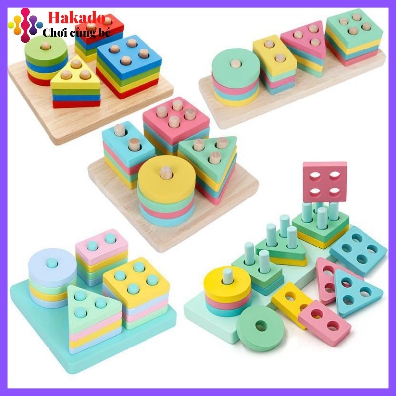 Đồ chơi gỗ Montessori  thả hình 4 coc cho bé phát triển kỹ năng cơ bản